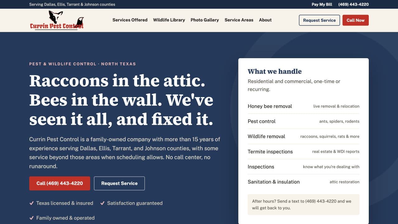 Redesigned Currin Pest Control homepage with specific service messaging, trust signals, and direct calls to action.