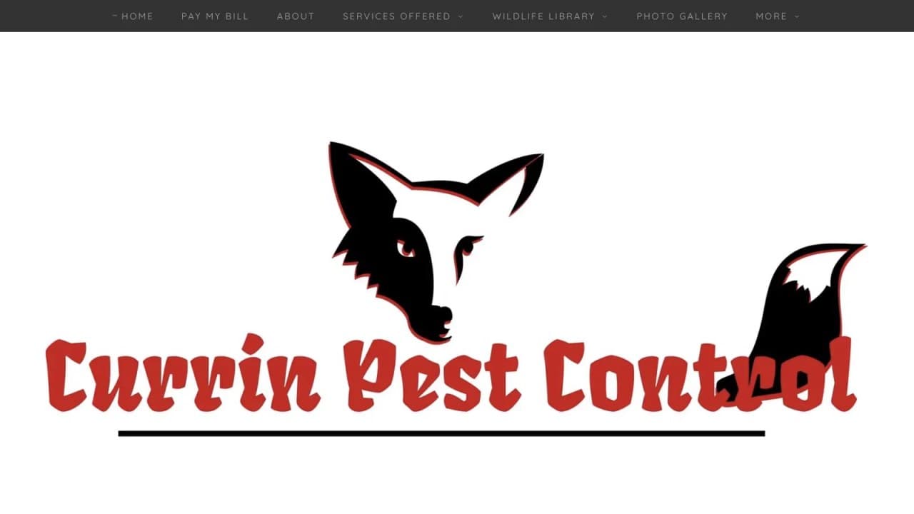Original Currin Pest Control homepage with a large logo and broad wildlife-control headline.