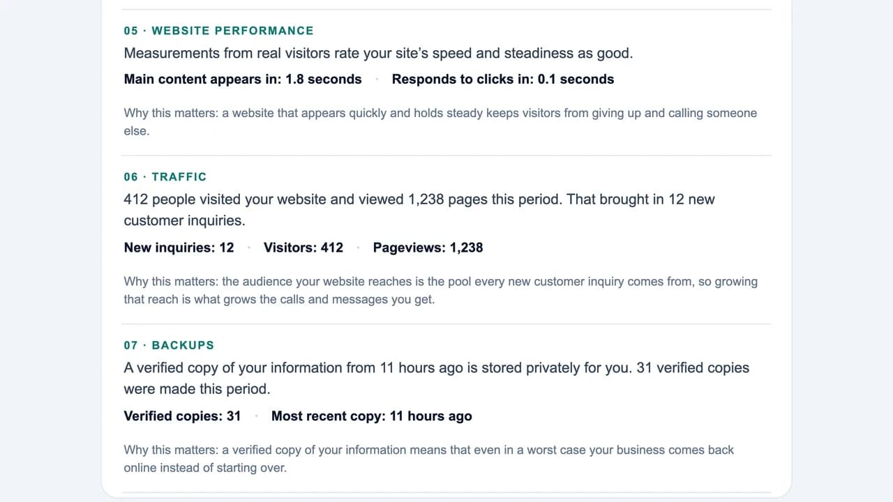 A monthly care report's traffic section — visits, pageviews, and customer inquiries in plain English.