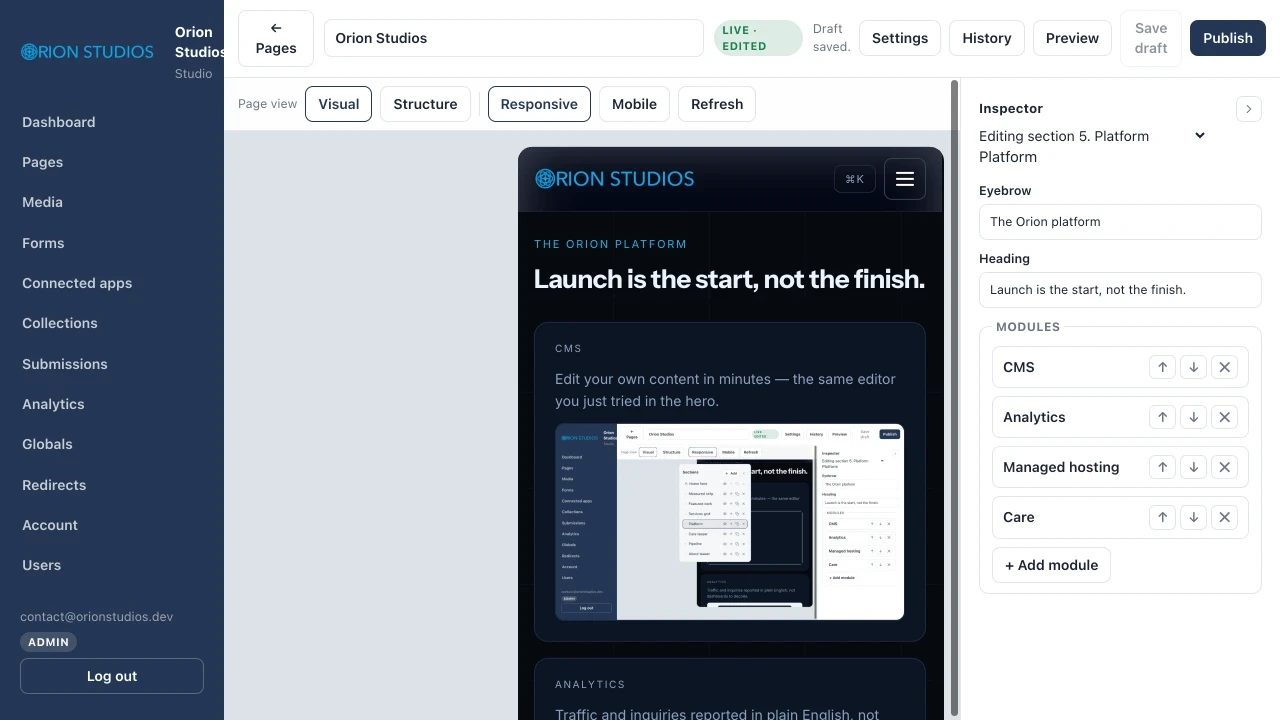 The Orion CMS editor — editing this very homepage section.